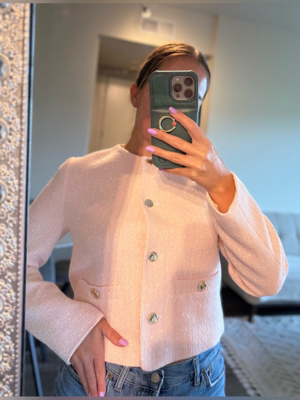 Zara Light Pink Bouclé Cropped Blazer